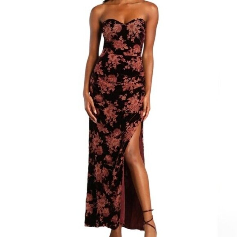 Lulu’s Exquisite Wine Strapless Maxi Dress Size XL Red Floral Burnout Velvet